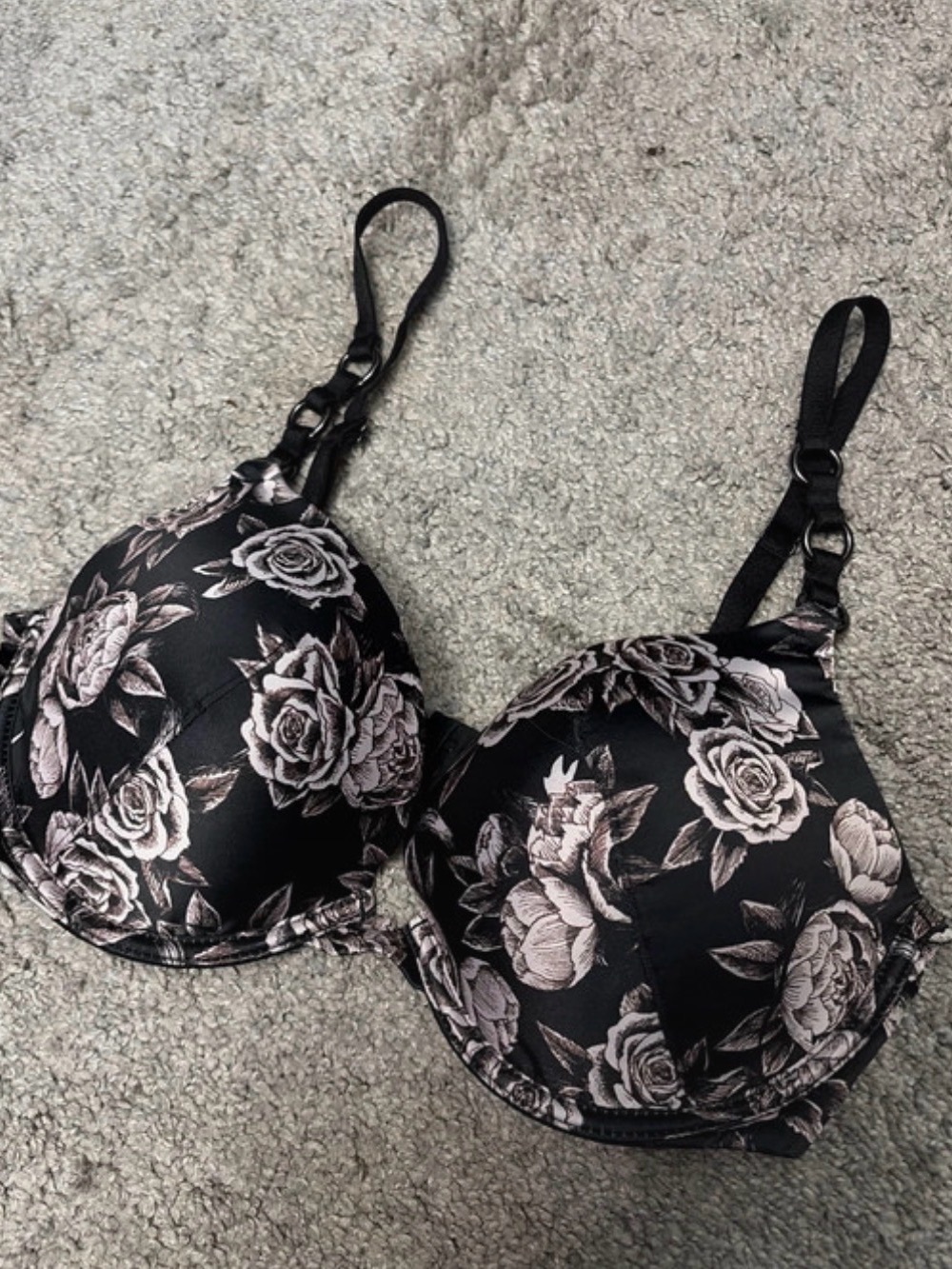 Victoria's Secret Black Bra with Ivory Rose Print